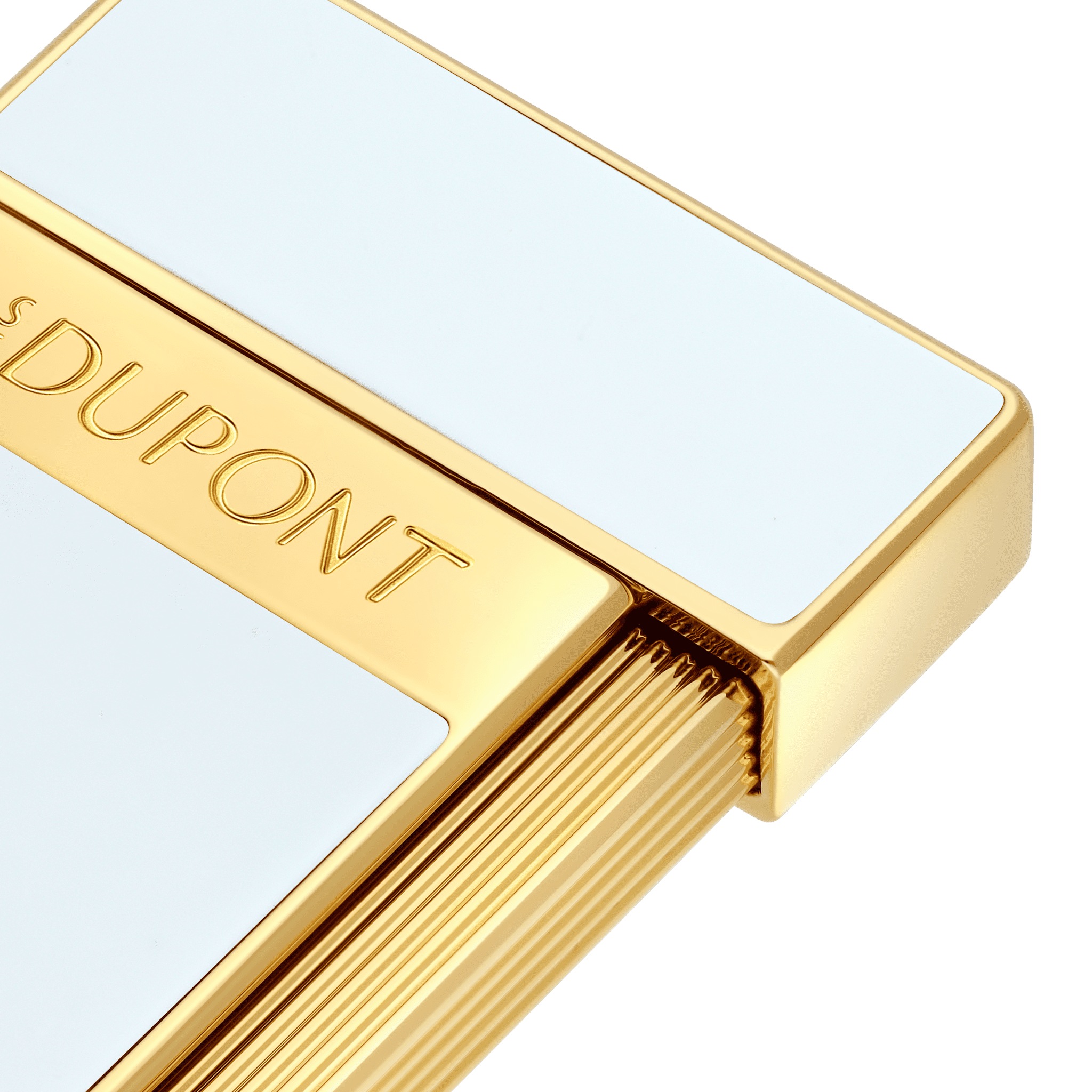 Side and rear detail of a white lacquer S.T. Dupont Slimmy lighter